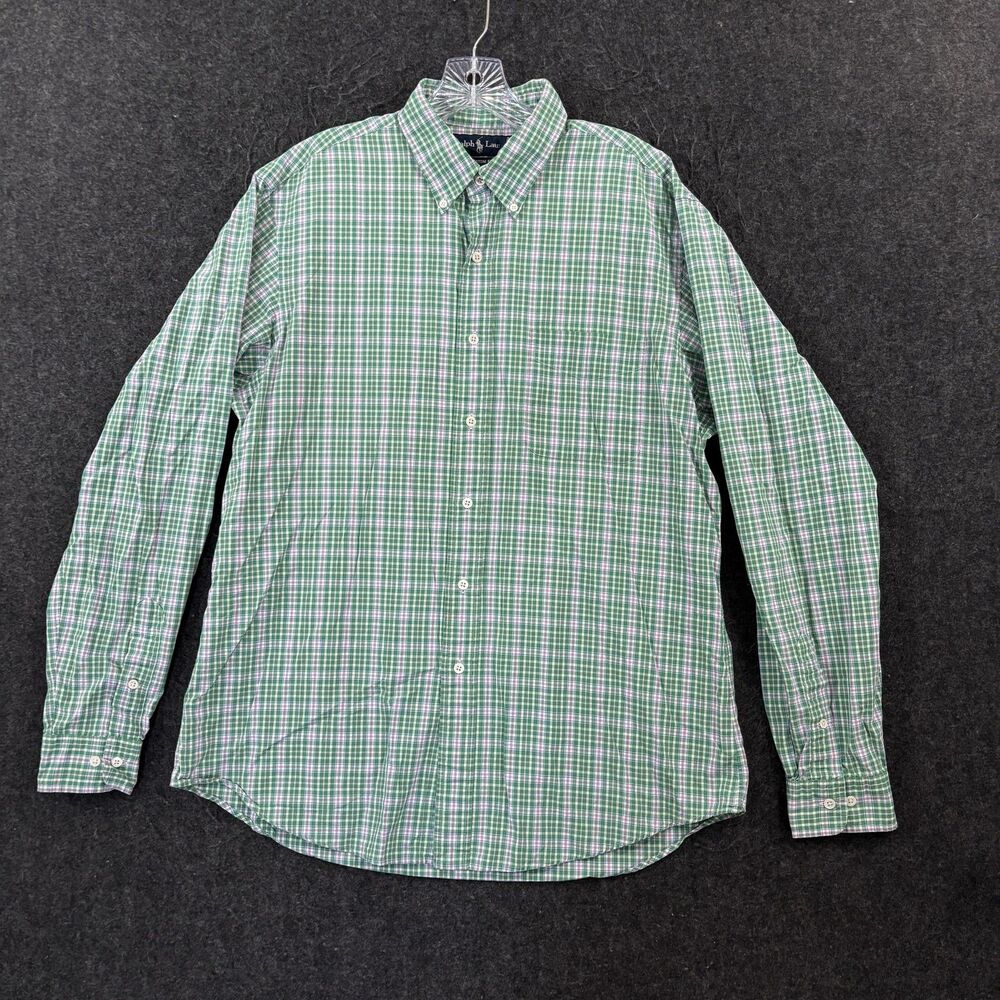 Ralph Lauren Shirt Men's Large Green Plaid Custom Fit Cotton Button Down Preppy